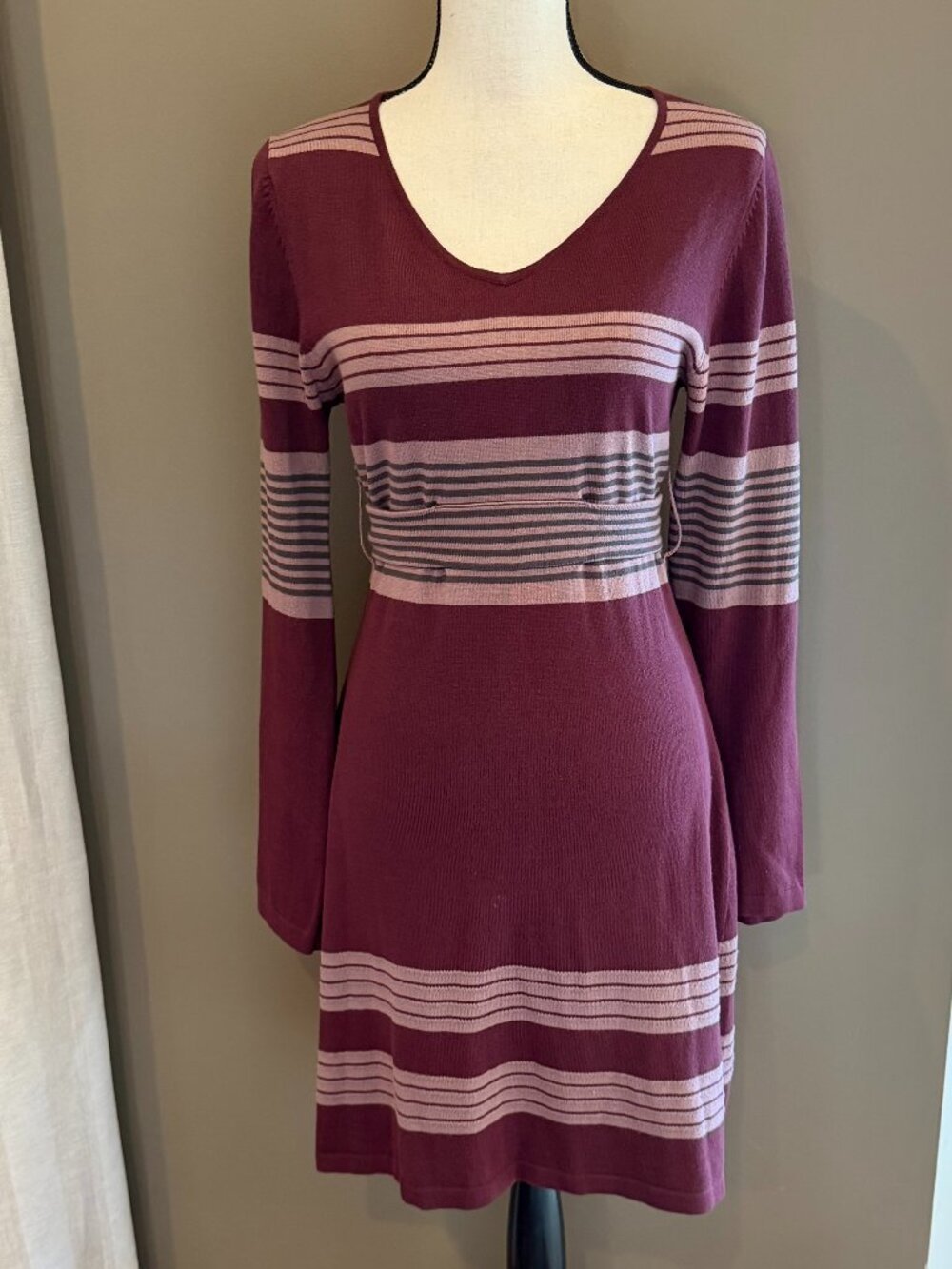 prAna Maroon Mauve Sweater Midi Dress Stripes Soft Belted, Size Medium